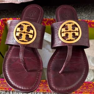 Tory Burch Deep Red Sandals with Gold Emblem
